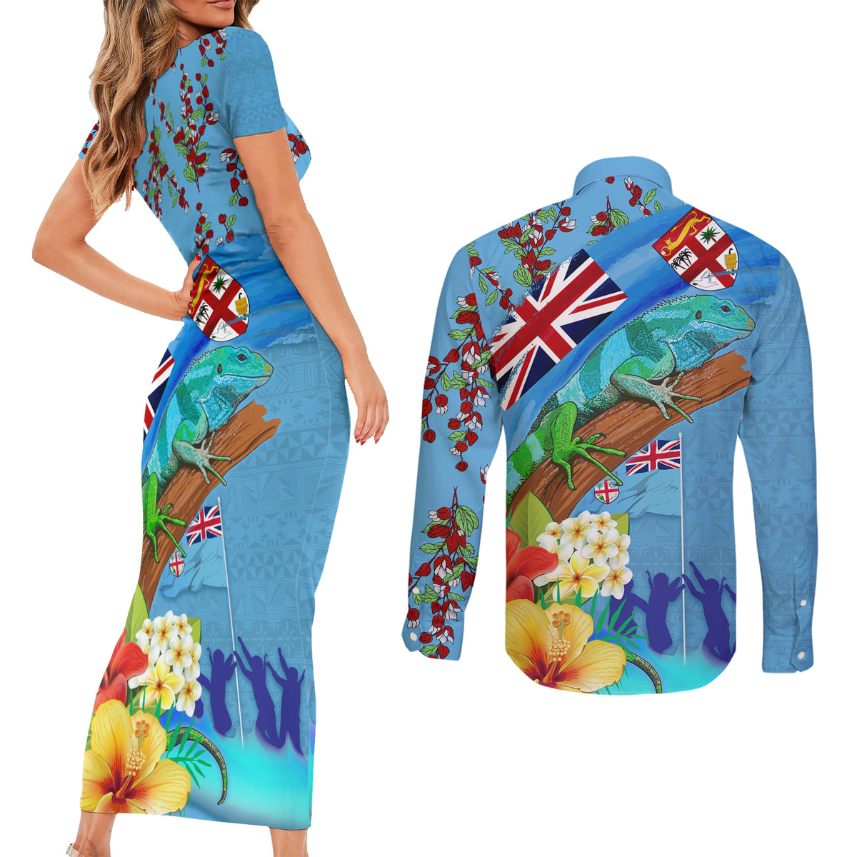 Fiji Day Couples Matching Short Sleeve Bodycon Dress and Long Sleeve Button Shirt Tagimoucia Flower and Melanesia Pattern LT03 - Polynesian Pride