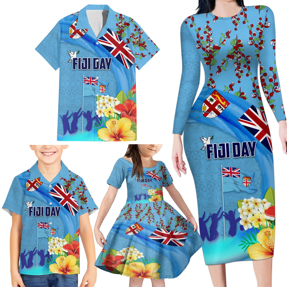 Fiji Day Family Matching Long Sleeve Bodycon Dress and Hawaiian Shirt Tagimoucia Flower and Melanesia Pattern LT03 - Polynesian Pride