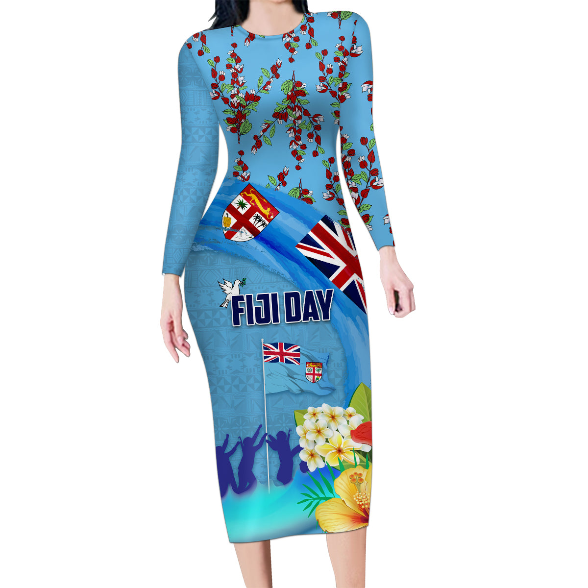 Fiji Day Family Matching Long Sleeve Bodycon Dress and Hawaiian Shirt Tagimoucia Flower and Melanesia Pattern LT03 Mom's Dress Blue - Polynesian Pride