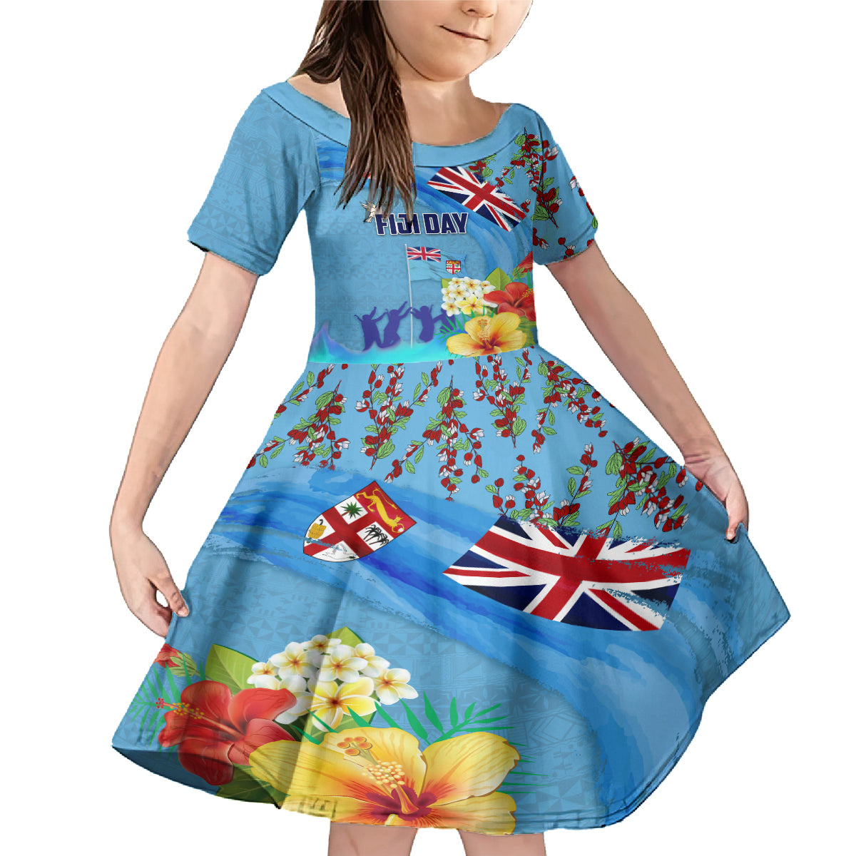 Fiji Day Family Matching Mermaid Dress and Hawaiian Shirt Tagimoucia Flower and Melanesia Pattern LT03 Daughter's Dress Blue - Polynesian Pride
