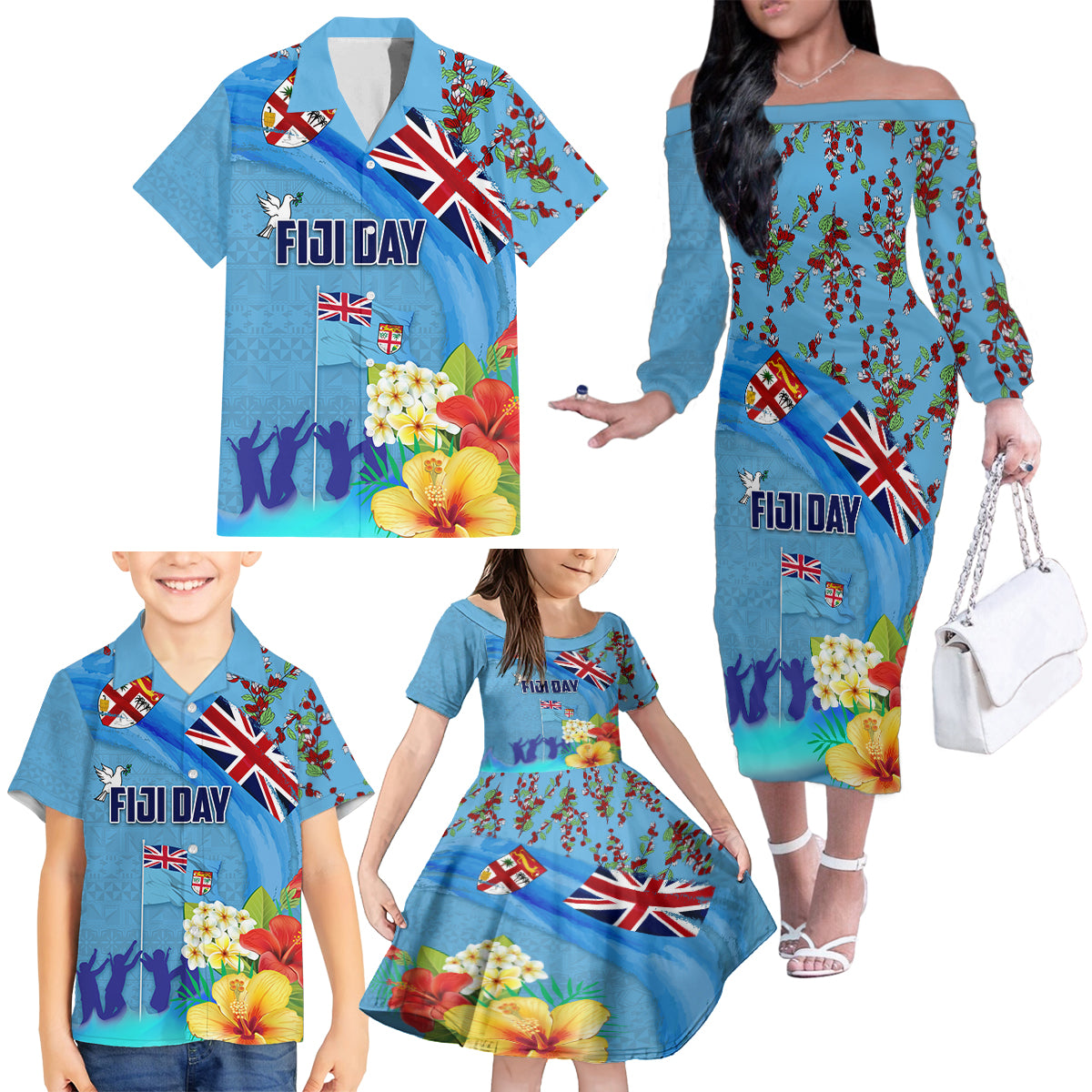 Fiji Day Family Matching Off The Shoulder Long Sleeve Dress and Hawaiian Shirt Tagimoucia Flower and Melanesia Pattern LT03 - Polynesian Pride