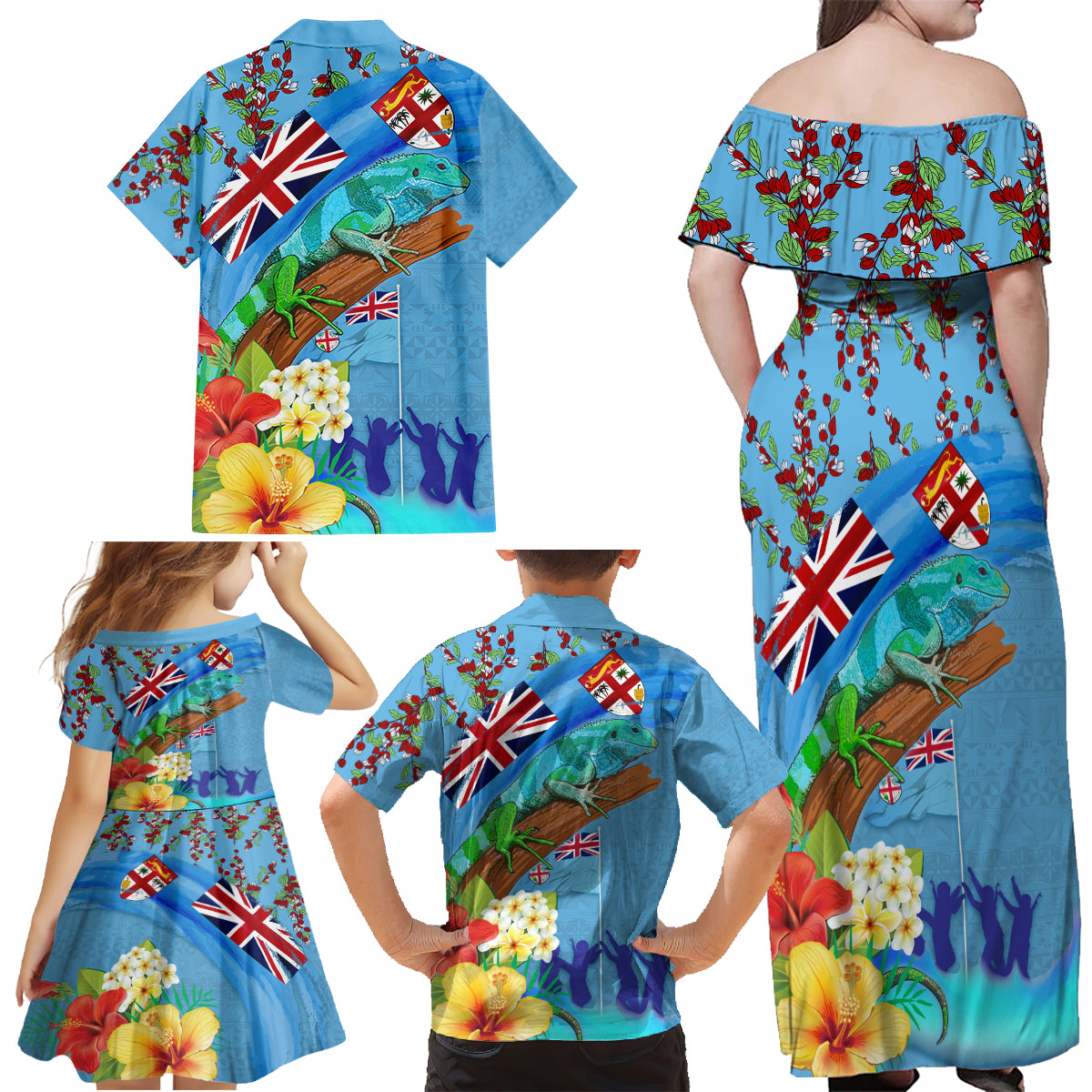 Fiji Day Family Matching Off Shoulder Maxi Dress and Hawaiian Shirt Tagimoucia Flower and Melanesia Pattern LT03 - Polynesian Pride