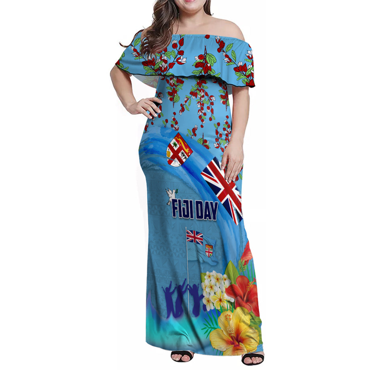 Fiji Day Family Matching Off Shoulder Maxi Dress and Hawaiian Shirt Tagimoucia Flower and Melanesia Pattern LT03 Mom's Dress Blue - Polynesian Pride