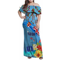 Fiji Day Family Matching Off Shoulder Maxi Dress and Hawaiian Shirt Tagimoucia Flower and Melanesia Pattern LT03 Mom's Dress Blue - Polynesian Pride