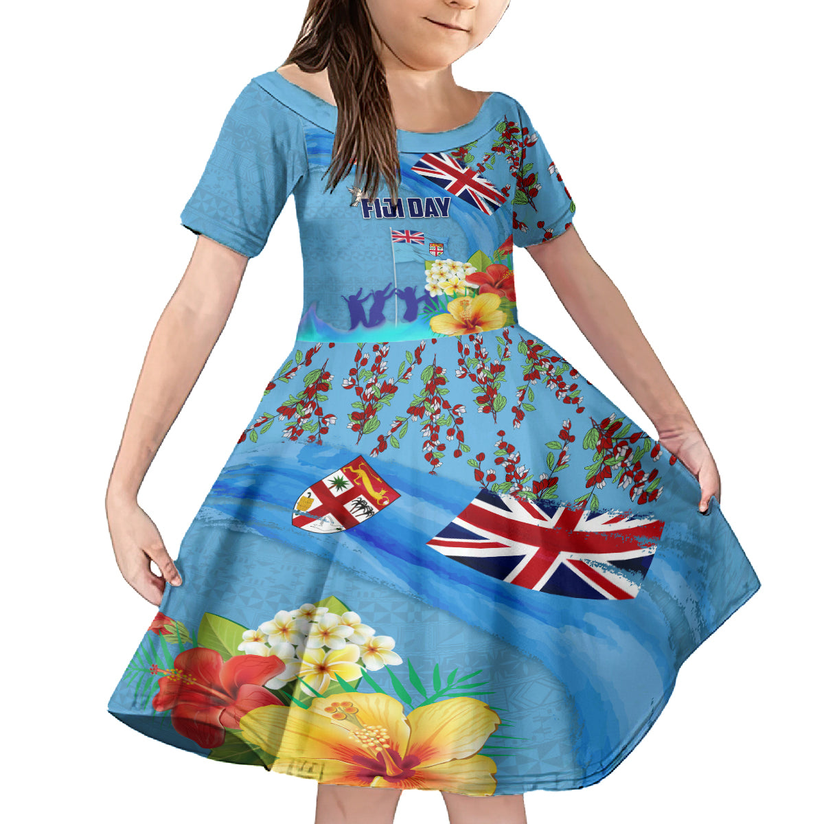 Fiji Day Family Matching Off Shoulder Short Dress and Hawaiian Shirt Tagimoucia Flower and Melanesia Pattern LT03 Daughter's Dress Blue - Polynesian Pride