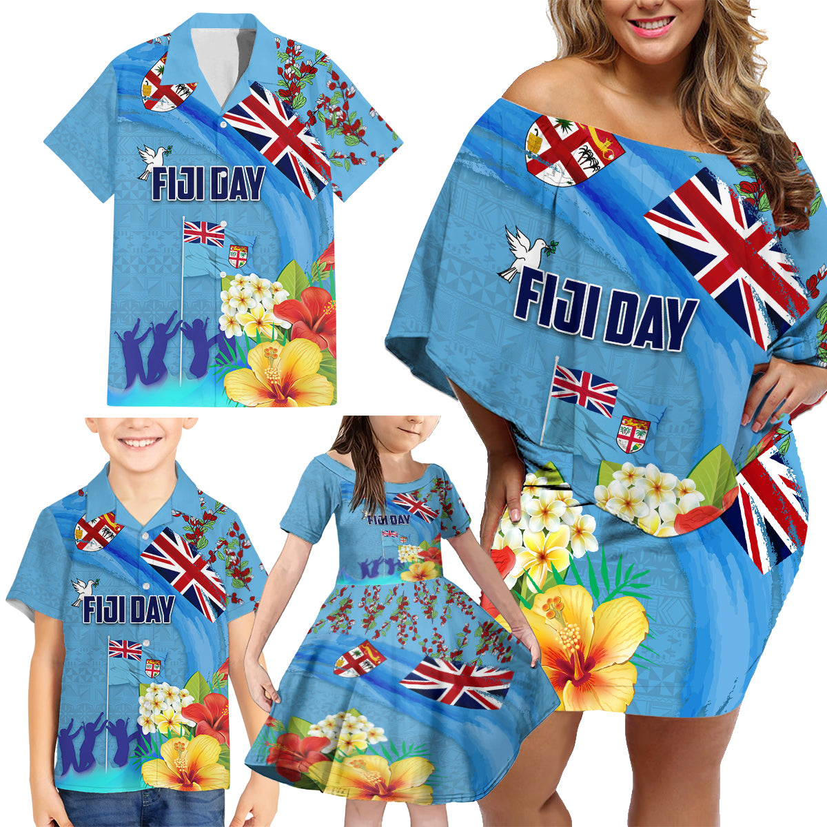Fiji Day Family Matching Off Shoulder Short Dress and Hawaiian Shirt Tagimoucia Flower and Melanesia Pattern LT03 - Polynesian Pride