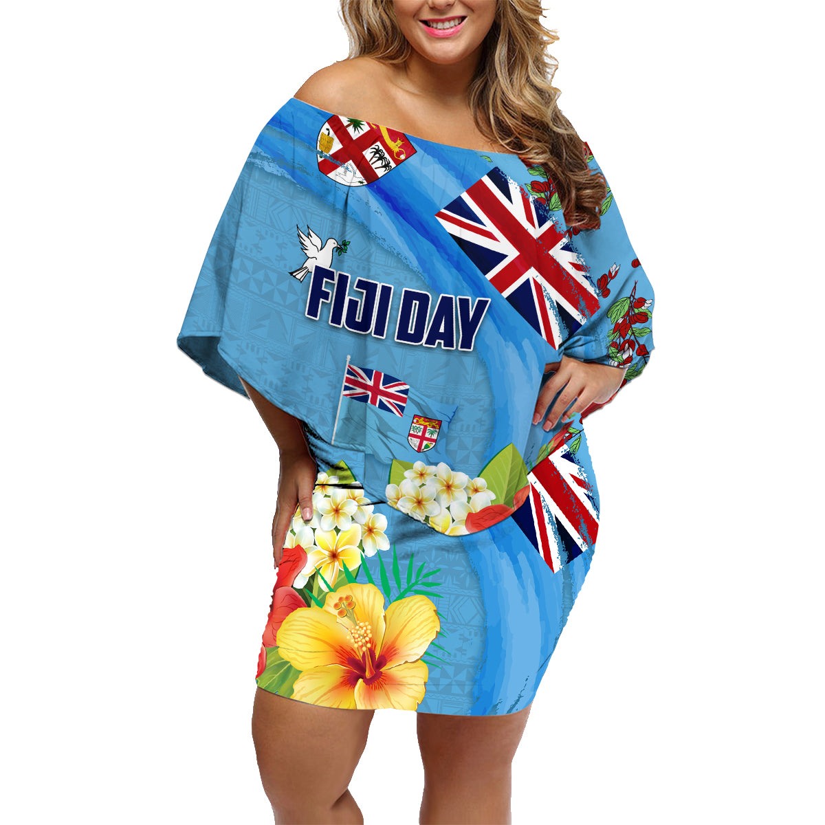 Fiji Day Family Matching Off Shoulder Short Dress and Hawaiian Shirt Tagimoucia Flower and Melanesia Pattern LT03 Mom's Dress Blue - Polynesian Pride