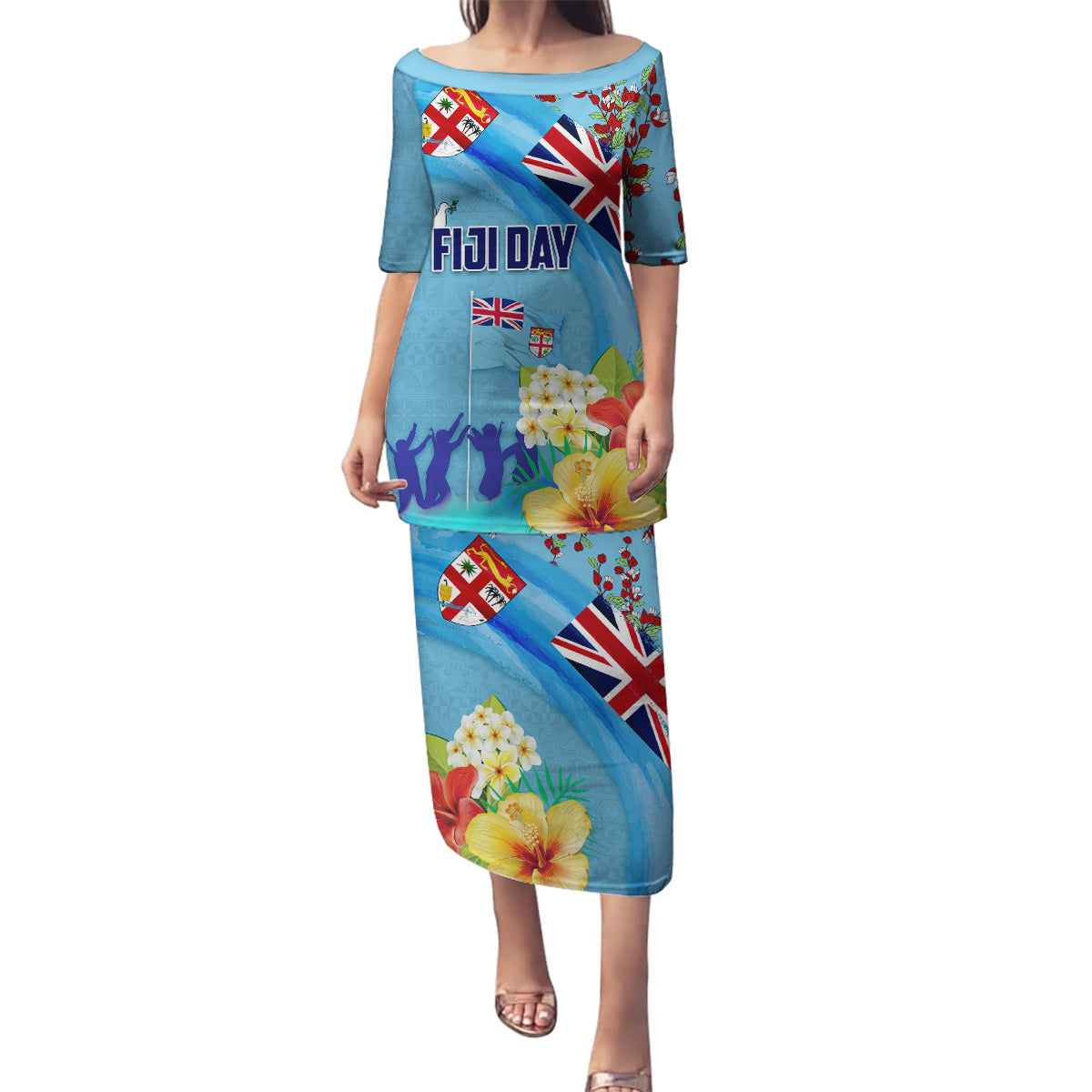 Fiji Day Family Matching Puletasi and Hawaiian Shirt Tagimoucia Flower and Melanesia Pattern LT03 Mom's Dress Blue - Polynesian Pride