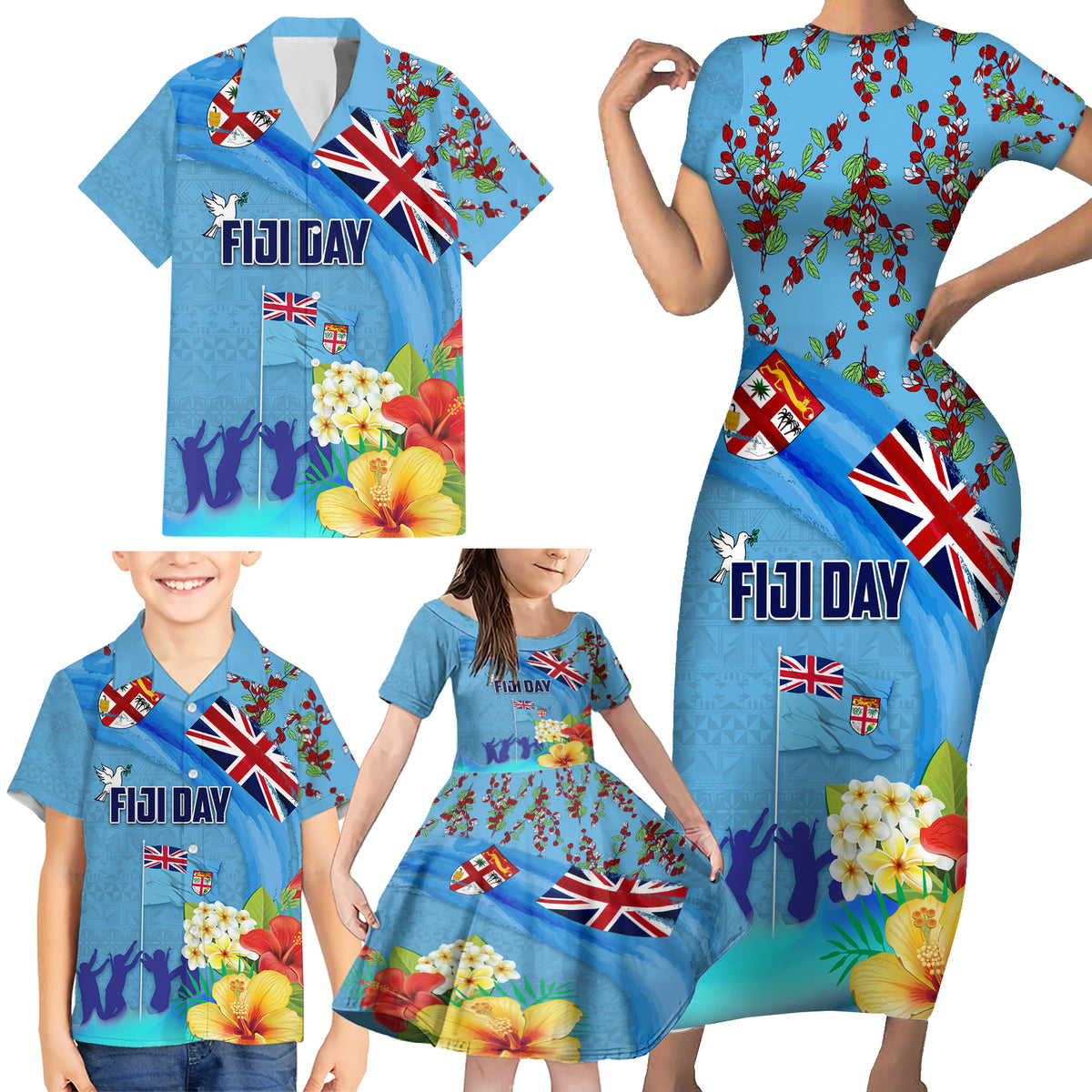 Fiji Day Family Matching Short Sleeve Bodycon Dress and Hawaiian Shirt Tagimoucia Flower and Melanesia Pattern LT03 - Polynesian Pride