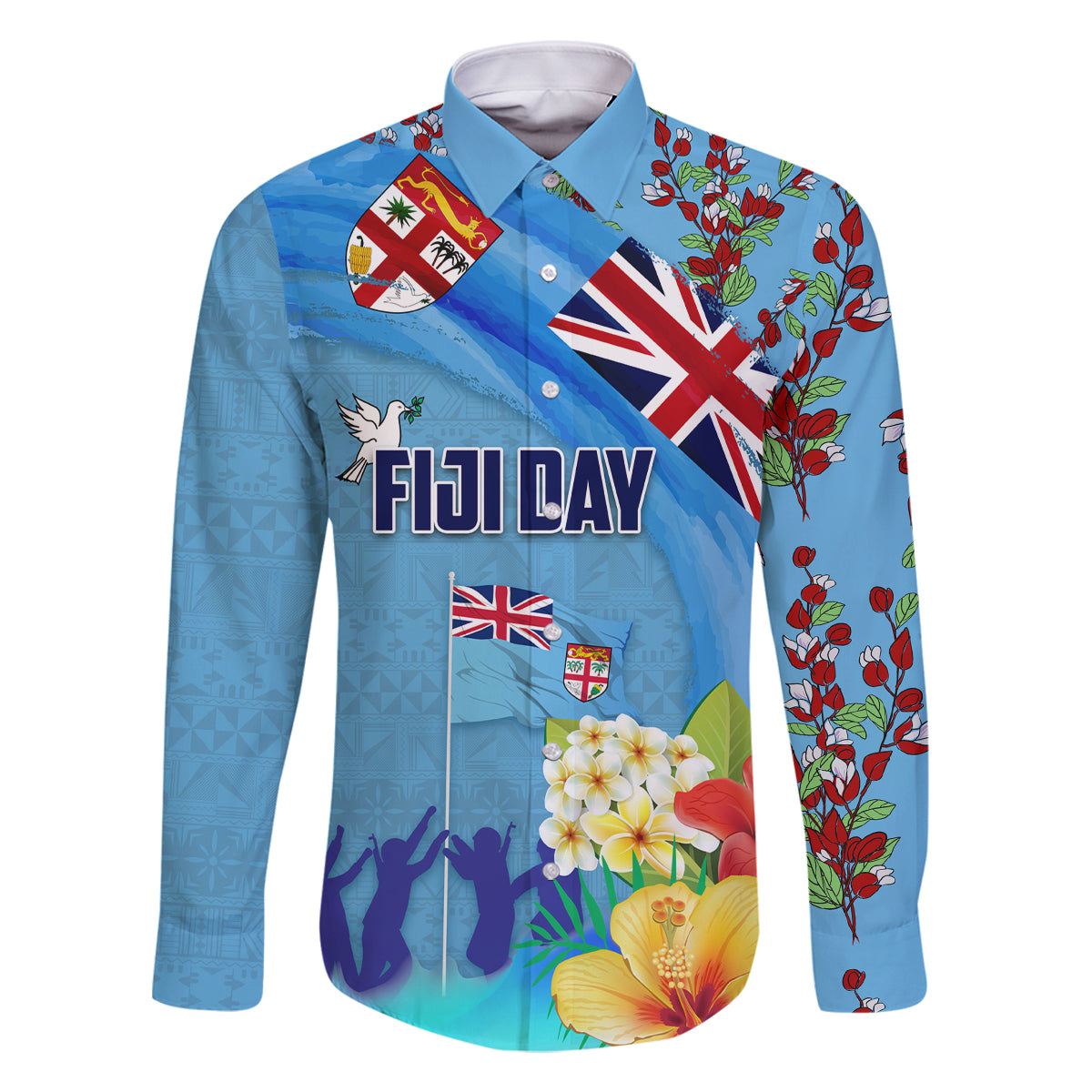 Fiji Day Family Matching Summer Maxi Dress and Hawaiian Shirt Tagimoucia Flower and Melanesia Pattern LT03 Dad's Shirt - Long Sleeve Blue - Polynesian Pride