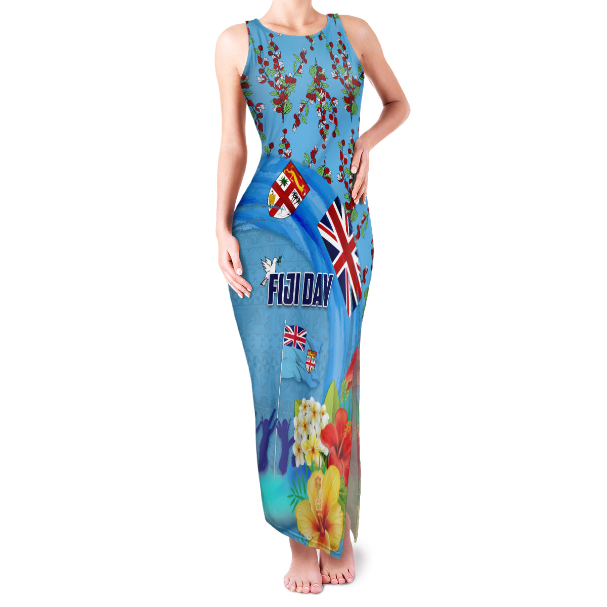 Fiji Day Family Matching Tank Maxi Dress and Hawaiian Shirt Tagimoucia Flower and Melanesia Pattern LT03 Mom's Dress Blue - Polynesian Pride
