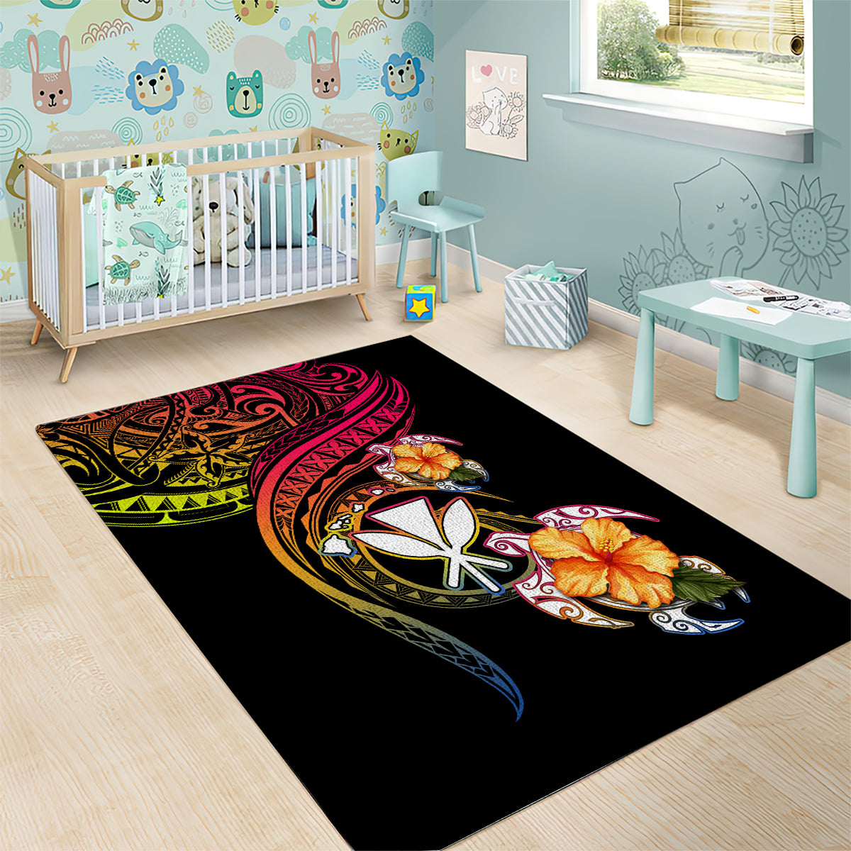 Polynesia Hawaii Turtle Day Area Rug Hibiscus and Kanaka Maoli LT03 - Polynesian Pride