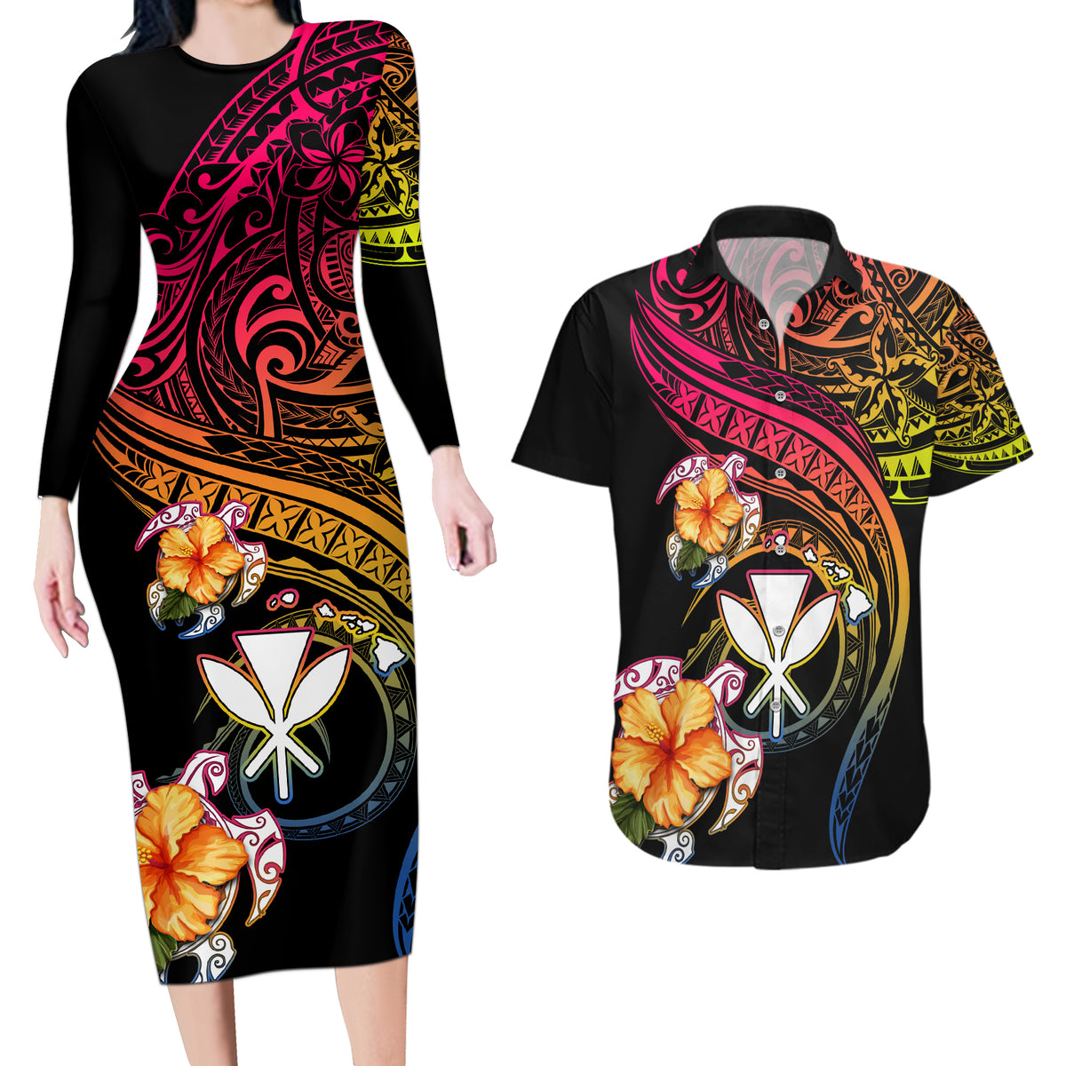 Polynesia Hawaii Turtle Day Couples Matching Long Sleeve Bodycon Dress and Hawaiian Shirt Hibiscus and Kanaka Maoli LT03 Black - Polynesian Pride
