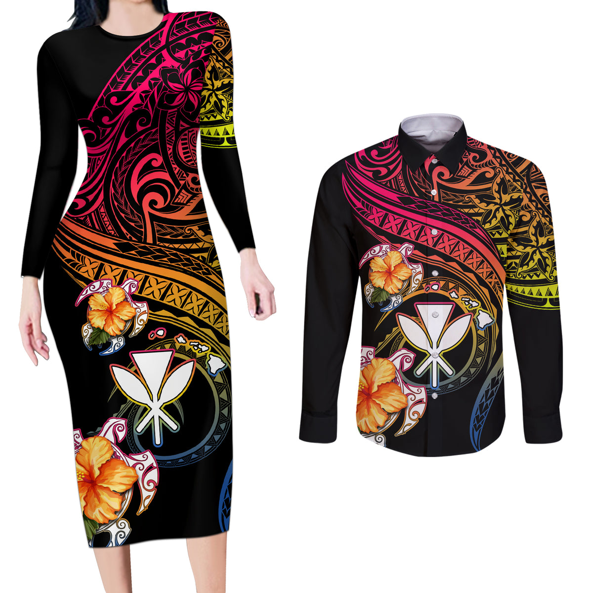 Polynesia Hawaii Turtle Day Couples Matching Long Sleeve Bodycon Dress and Long Sleeve Button Shirt Hibiscus and Kanaka Maoli LT03 Black - Polynesian Pride