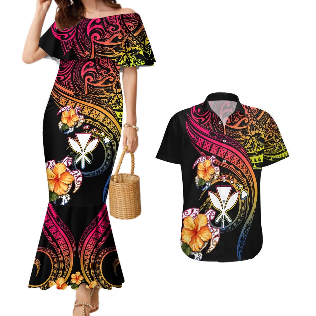 Polynesia Hawaii Turtle Day Couples Matching Mermaid Dress and Hawaiian Shirt Hibiscus and Kanaka Maoli LT03 Black - Polynesian Pride