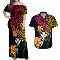 Polynesia Hawaii Turtle Day Couples Matching Off Shoulder Maxi Dress and Hawaiian Shirt Hibiscus and Kanaka Maoli LT03 Black - Polynesian Pride