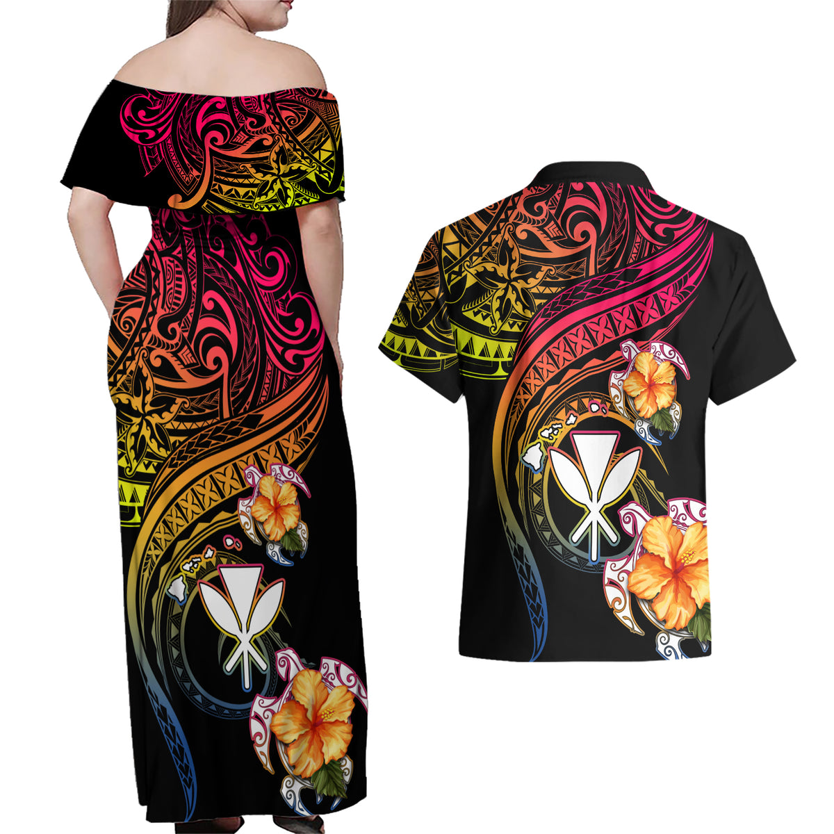 Polynesia Hawaii Turtle Day Couples Matching Off Shoulder Maxi Dress and Hawaiian Shirt Hibiscus and Kanaka Maoli LT03 - Polynesian Pride