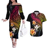 Polynesia Hawaii Turtle Day Couples Matching Off The Shoulder Long Sleeve Dress and Hawaiian Shirt Hibiscus and Kanaka Maoli LT03 Black - Polynesian Pride