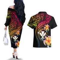 Polynesia Hawaii Turtle Day Couples Matching Off The Shoulder Long Sleeve Dress and Hawaiian Shirt Hibiscus and Kanaka Maoli LT03 - Polynesian Pride