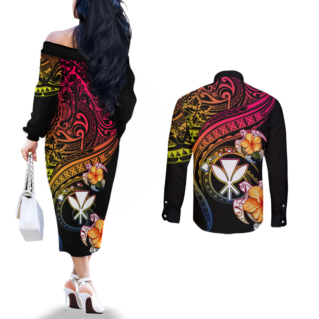 Polynesia Hawaii Turtle Day Couples Matching Off The Shoulder Long Sleeve Dress and Long Sleeve Button Shirt Hibiscus and Kanaka Maoli LT03 - Polynesian Pride