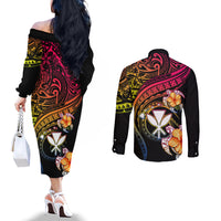 Polynesia Hawaii Turtle Day Couples Matching Off The Shoulder Long Sleeve Dress and Long Sleeve Button Shirt Hibiscus and Kanaka Maoli LT03 - Polynesian Pride