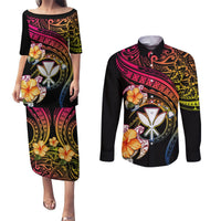 Polynesia Hawaii Turtle Day Couples Matching Puletasi and Long Sleeve Button Shirt Hibiscus and Kanaka Maoli