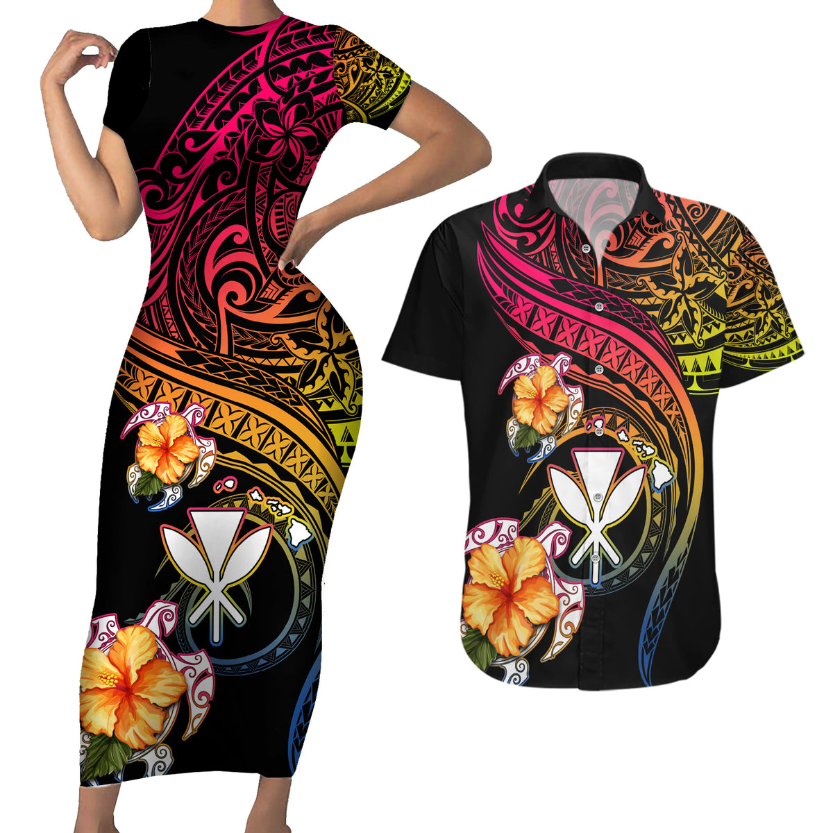 Polynesia Hawaii Turtle Day Couples Matching Short Sleeve Bodycon Dress and Hawaiian Shirt Hibiscus and Kanaka Maoli LT03 Black - Polynesian Pride