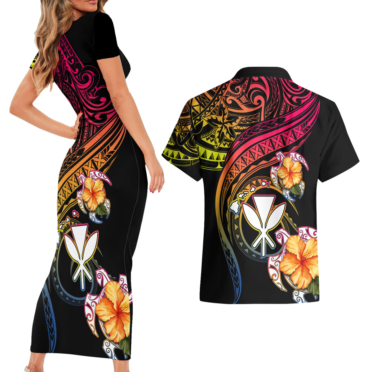 Polynesia Hawaii Turtle Day Couples Matching Short Sleeve Bodycon Dress and Hawaiian Shirt Hibiscus and Kanaka Maoli LT03 - Polynesian Pride