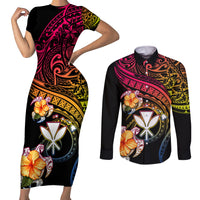 Polynesia Hawaii Turtle Day Couples Matching Short Sleeve Bodycon Dress and Long Sleeve Button Shirt Hibiscus and Kanaka Maoli LT03 Black - Polynesian Pride