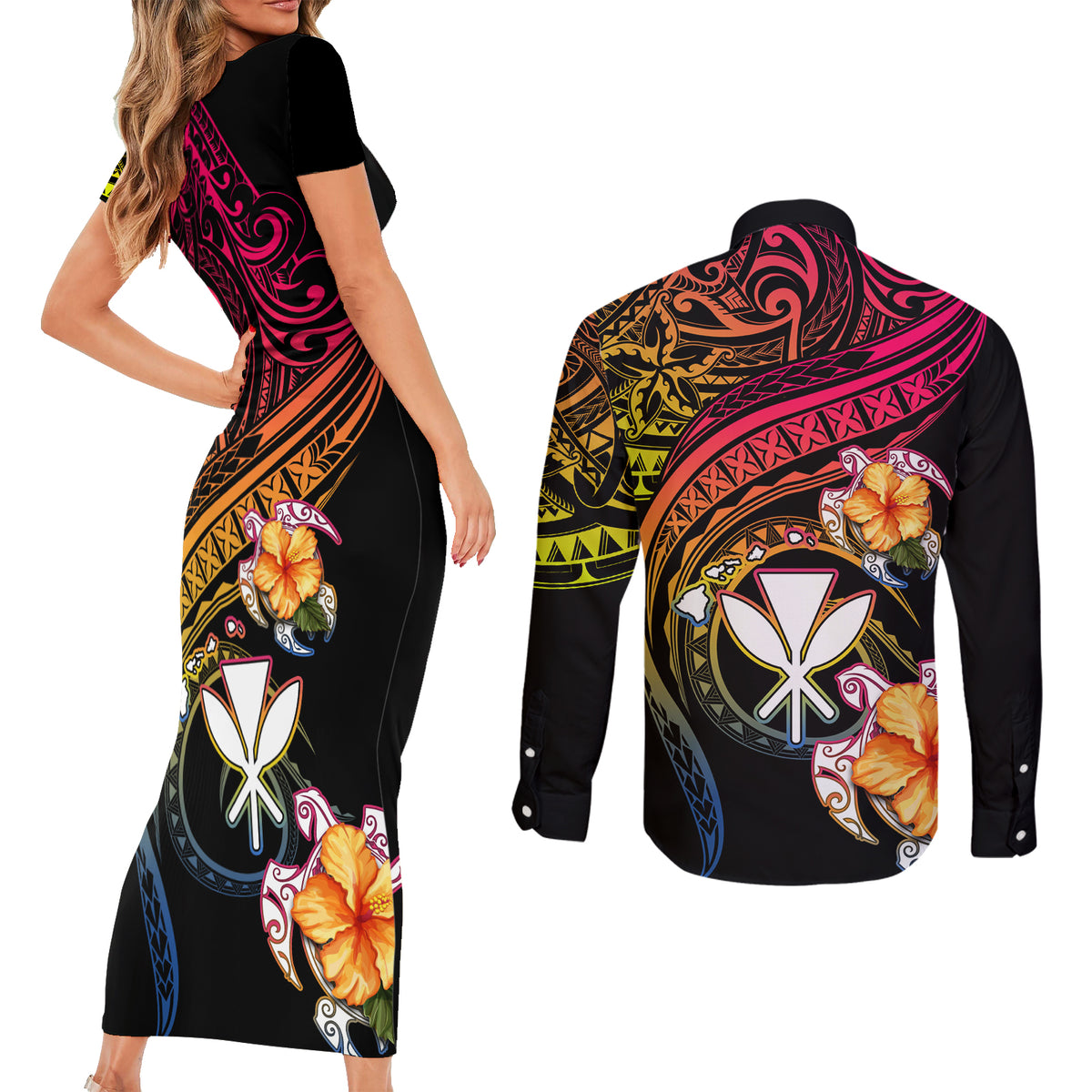 Polynesia Hawaii Turtle Day Couples Matching Short Sleeve Bodycon Dress and Long Sleeve Button Shirt Hibiscus and Kanaka Maoli LT03 - Polynesian Pride