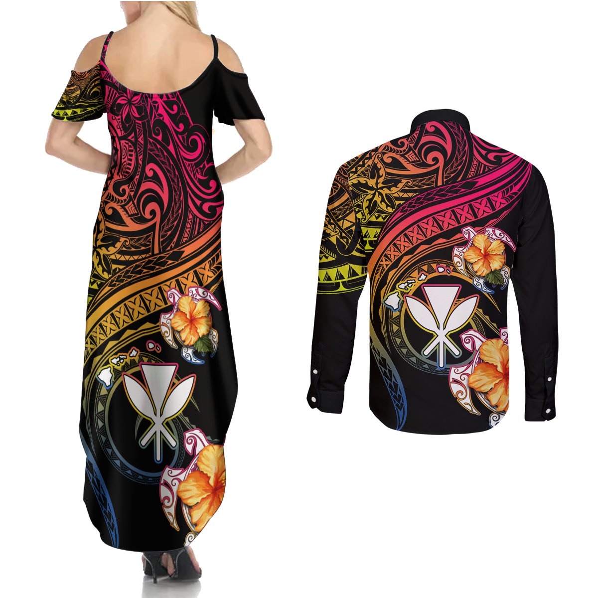 Polynesia Hawaii Turtle Day Couples Matching Summer Maxi Dress and Long Sleeve Button Shirt Hibiscus and Kanaka Maoli