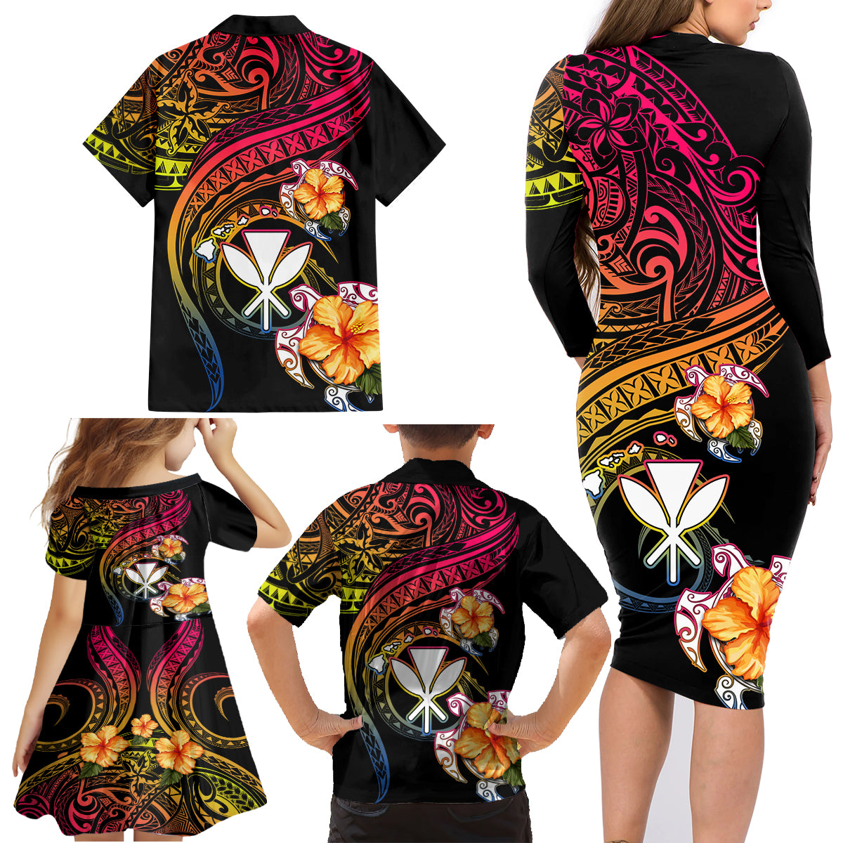 Polynesia Hawaii Turtle Day Family Matching Long Sleeve Bodycon Dress and Hawaiian Shirt Hibiscus and Kanaka Maoli LT03 - Polynesian Pride