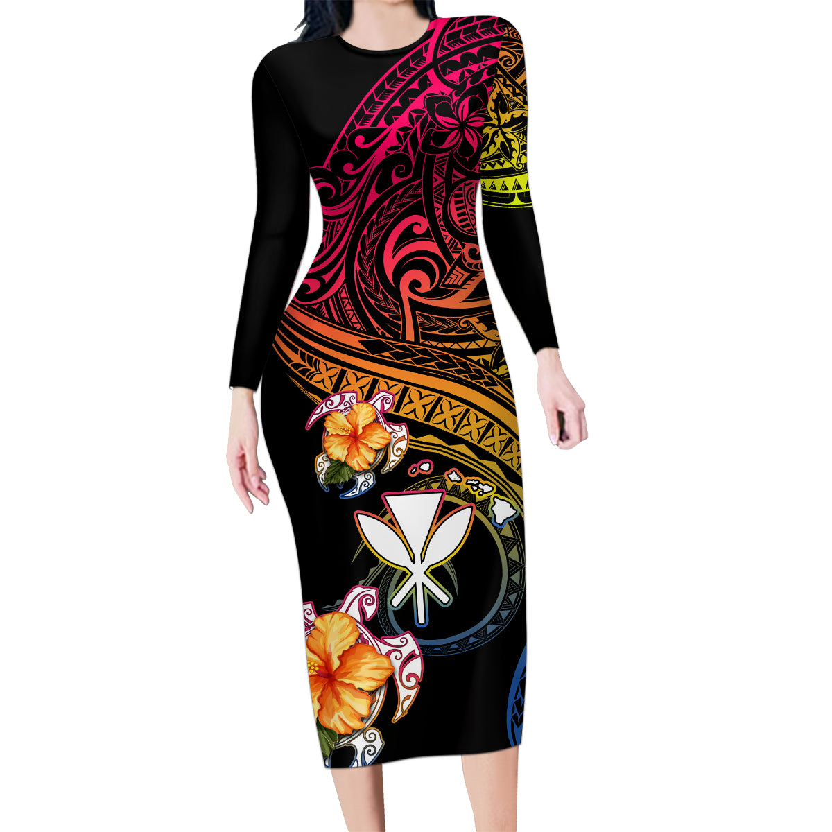 Polynesia Hawaii Turtle Day Family Matching Long Sleeve Bodycon Dress and Hawaiian Shirt Hibiscus and Kanaka Maoli LT03 Mom's Dress Black - Polynesian Pride