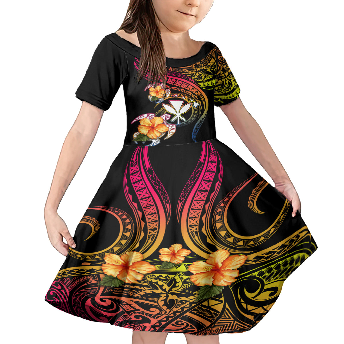 Polynesia Hawaii Turtle Day Family Matching Mermaid Dress and Hawaiian Shirt Hibiscus and Kanaka Maoli LT03 Daughter's Dress Black - Polynesian Pride