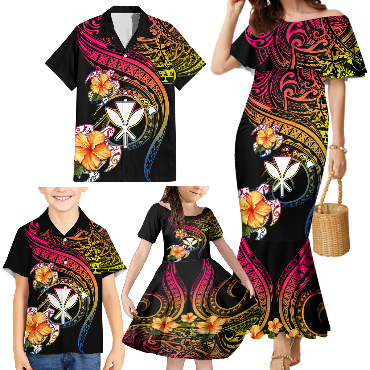 Polynesia Hawaii Turtle Day Family Matching Mermaid Dress and Hawaiian Shirt Hibiscus and Kanaka Maoli LT03 - Polynesian Pride