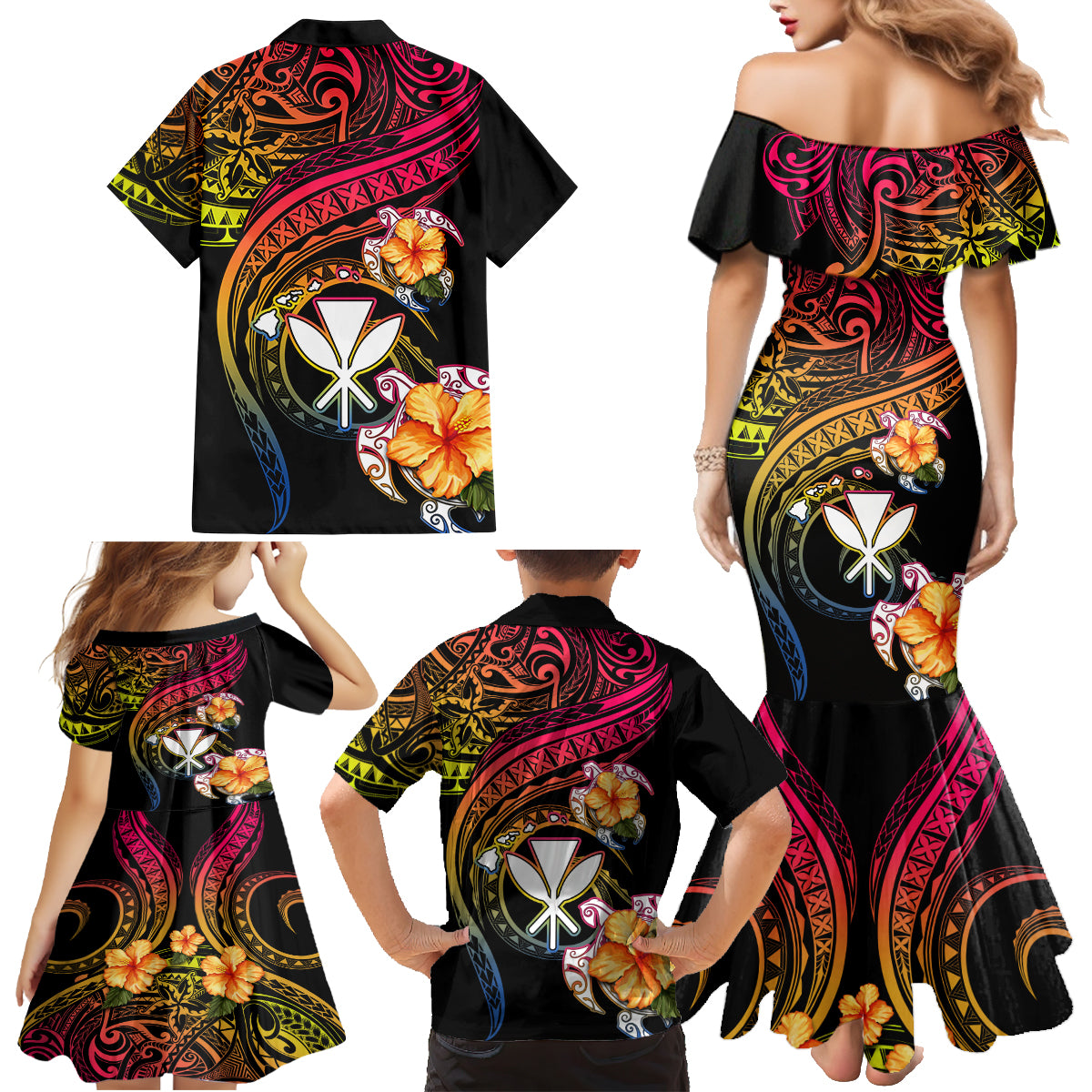 Polynesia Hawaii Turtle Day Family Matching Mermaid Dress and Hawaiian Shirt Hibiscus and Kanaka Maoli LT03 - Polynesian Pride