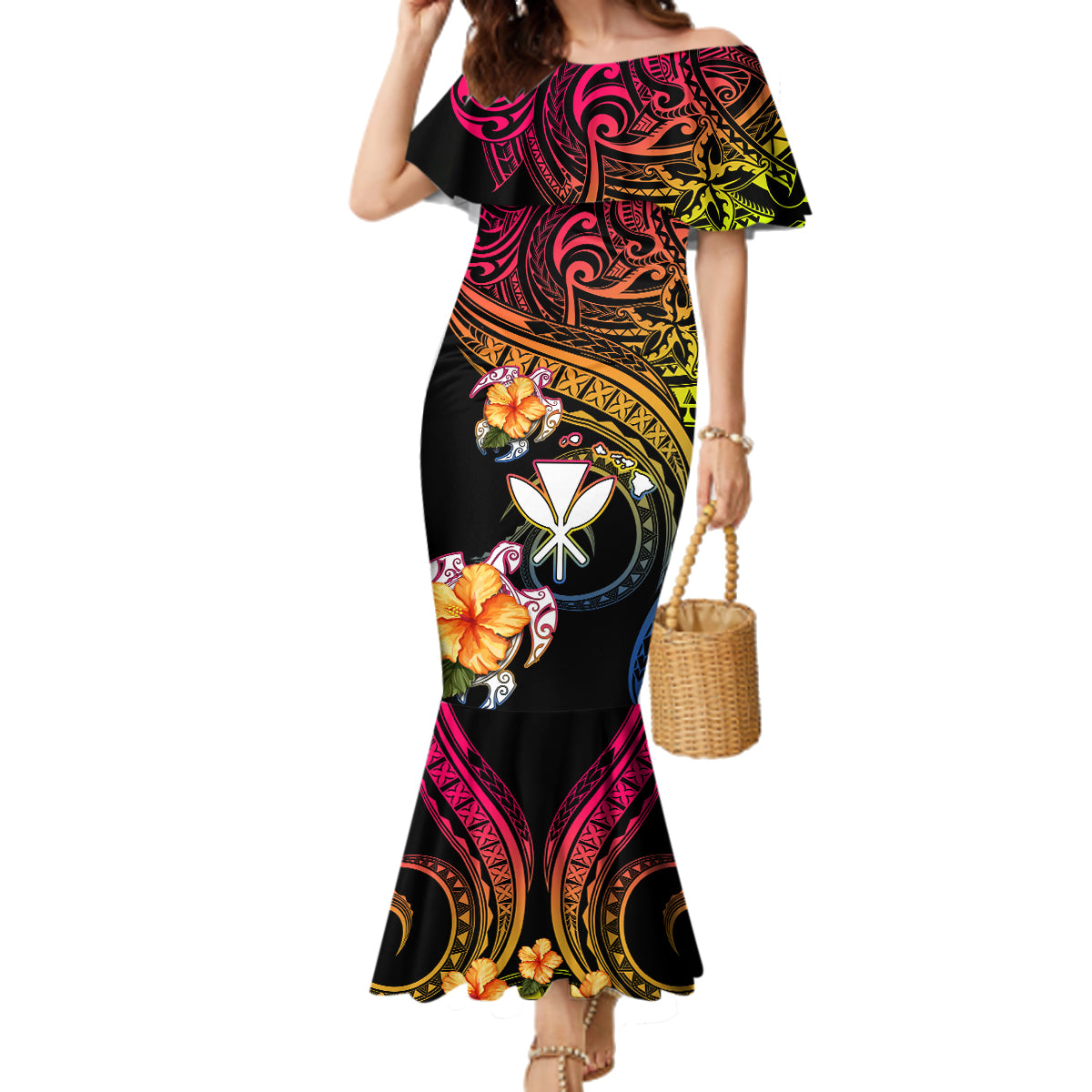 Polynesia Hawaii Turtle Day Family Matching Mermaid Dress and Hawaiian Shirt Hibiscus and Kanaka Maoli LT03 Mom's Dress Black - Polynesian Pride