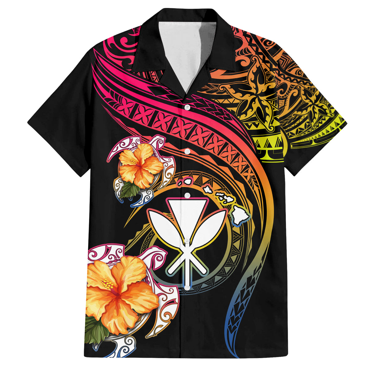 Polynesia Hawaii Turtle Day Family Matching Off The Shoulder Long Sleeve Dress and Hawaiian Shirt Hibiscus and Kanaka Maoli LT03 Dad's Shirt - Short Sleeve Black - Polynesian Pride
