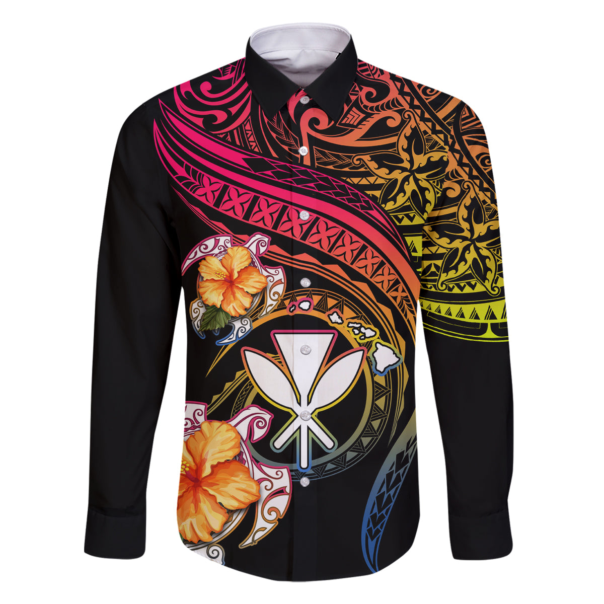 Polynesia Hawaii Turtle Day Family Matching Off The Shoulder Long Sleeve Dress and Hawaiian Shirt Hibiscus and Kanaka Maoli LT03 Dad's Shirt - Long Sleeve Black - Polynesian Pride