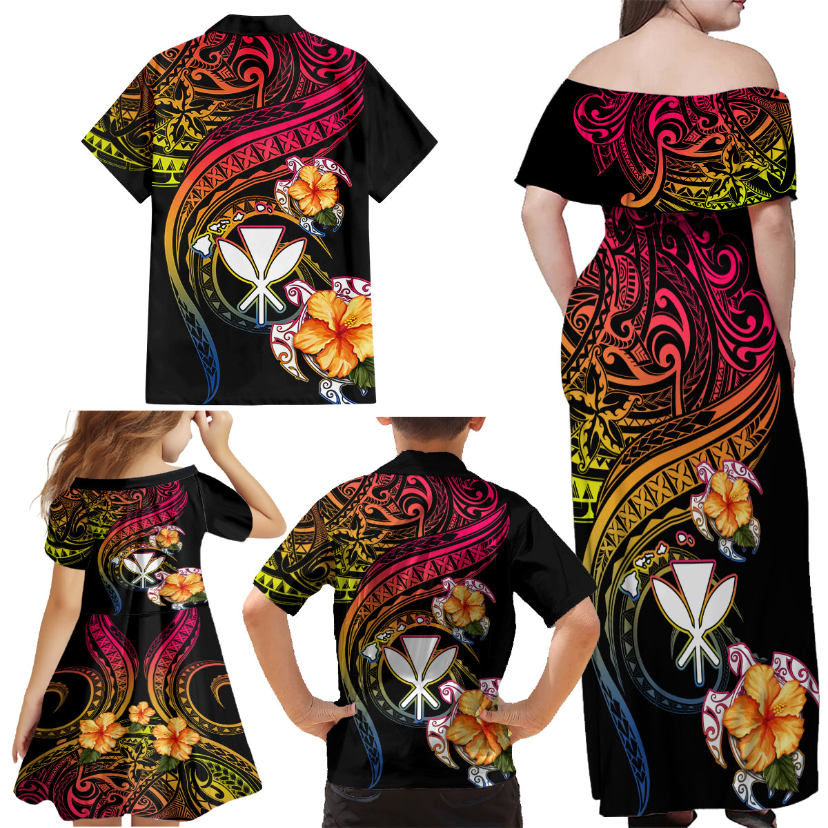 Polynesia Hawaii Turtle Day Family Matching Off Shoulder Maxi Dress and Hawaiian Shirt Hibiscus and Kanaka Maoli LT03 - Polynesian Pride