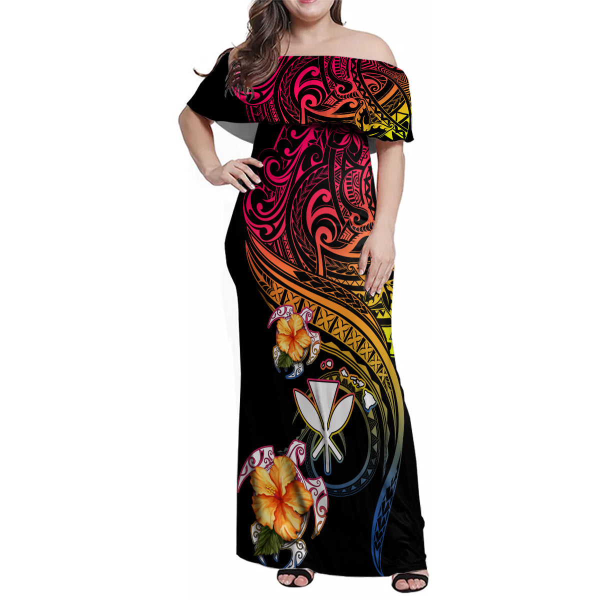 Polynesia Hawaii Turtle Day Family Matching Off Shoulder Maxi Dress and Hawaiian Shirt Hibiscus and Kanaka Maoli LT03 Mom's Dress Black - Polynesian Pride