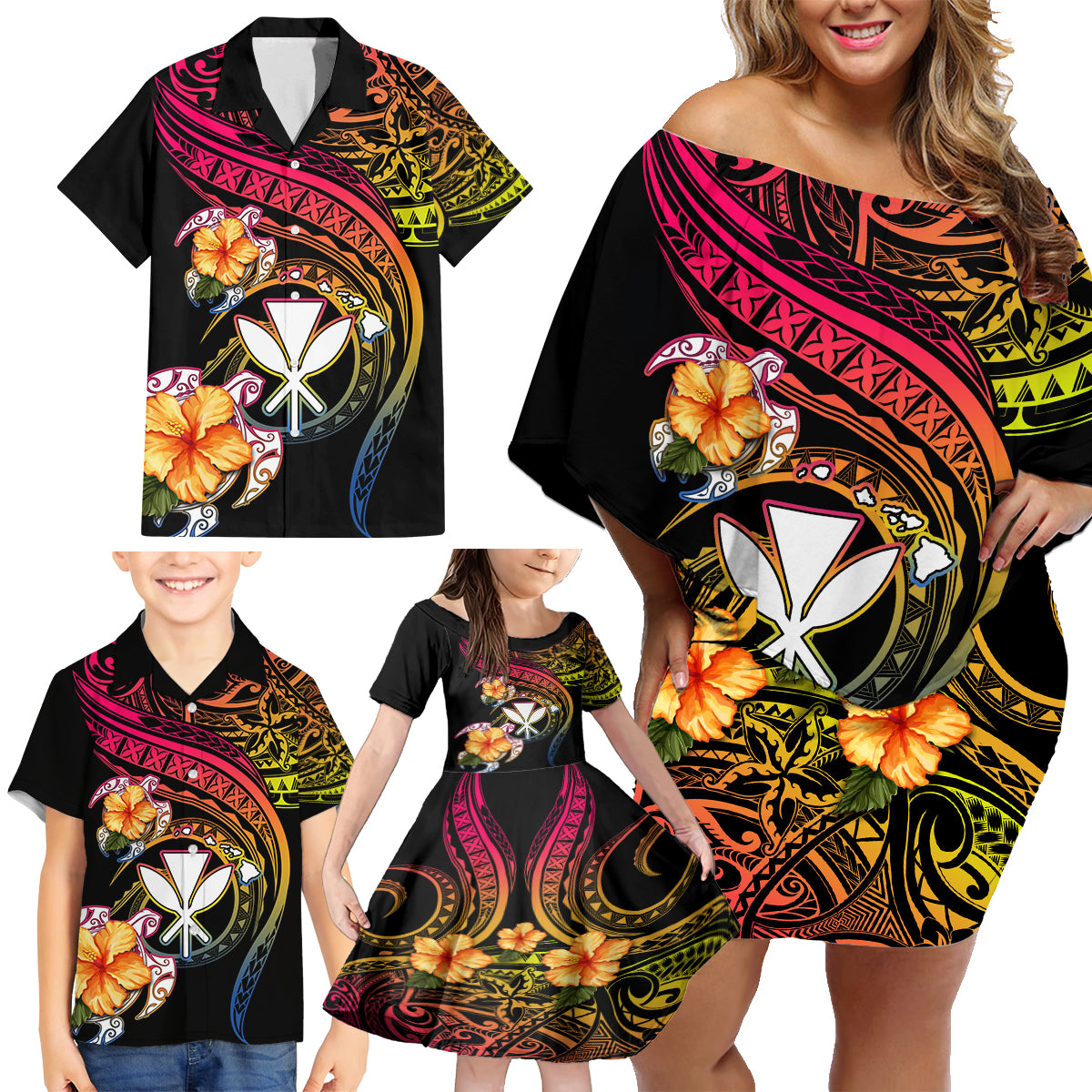 Polynesia Hawaii Turtle Day Family Matching Off Shoulder Short Dress and Hawaiian Shirt Hibiscus and Kanaka Maoli LT03 - Polynesian Pride