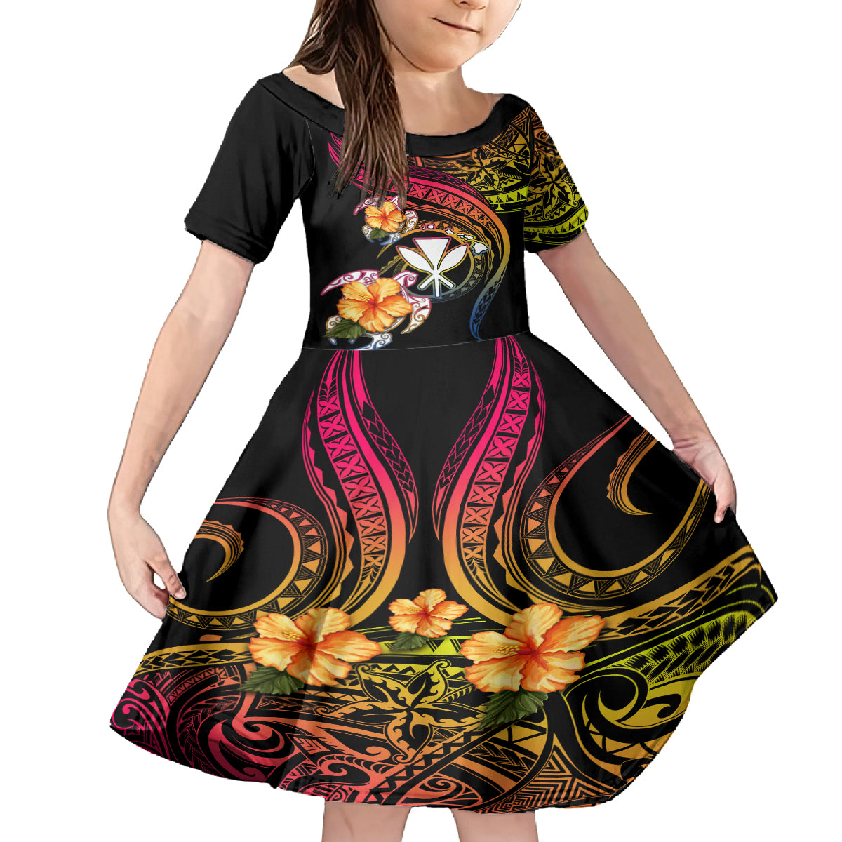 Polynesia Hawaii Turtle Day Family Matching Puletasi and Hawaiian Shirt Hibiscus and Kanaka Maoli LT03 Daughter's Dress Black - Polynesian Pride