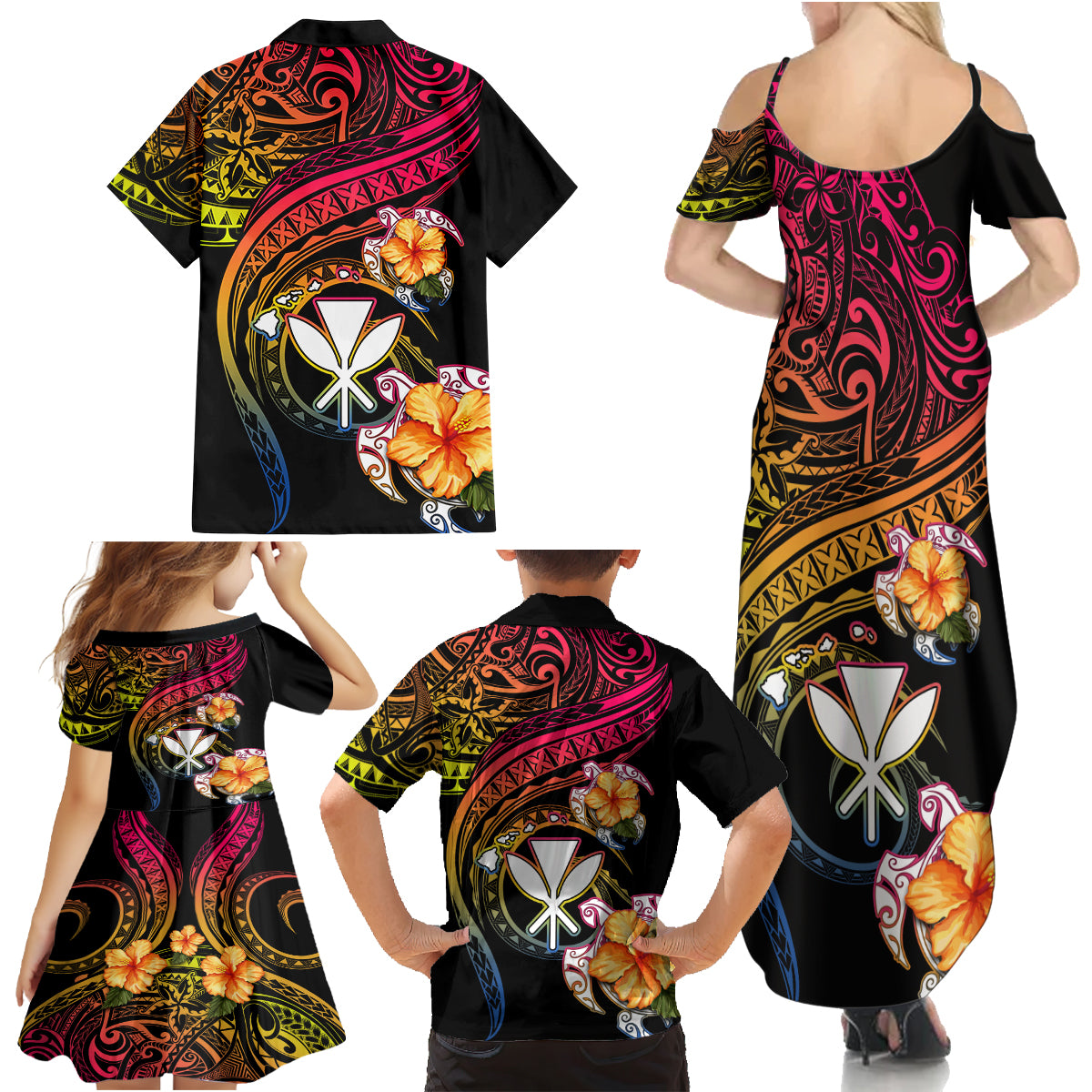 Polynesia Hawaii Turtle Day Family Matching Summer Maxi Dress and Hawaiian Shirt Hibiscus and Kanaka Maoli LT03 - Polynesian Pride