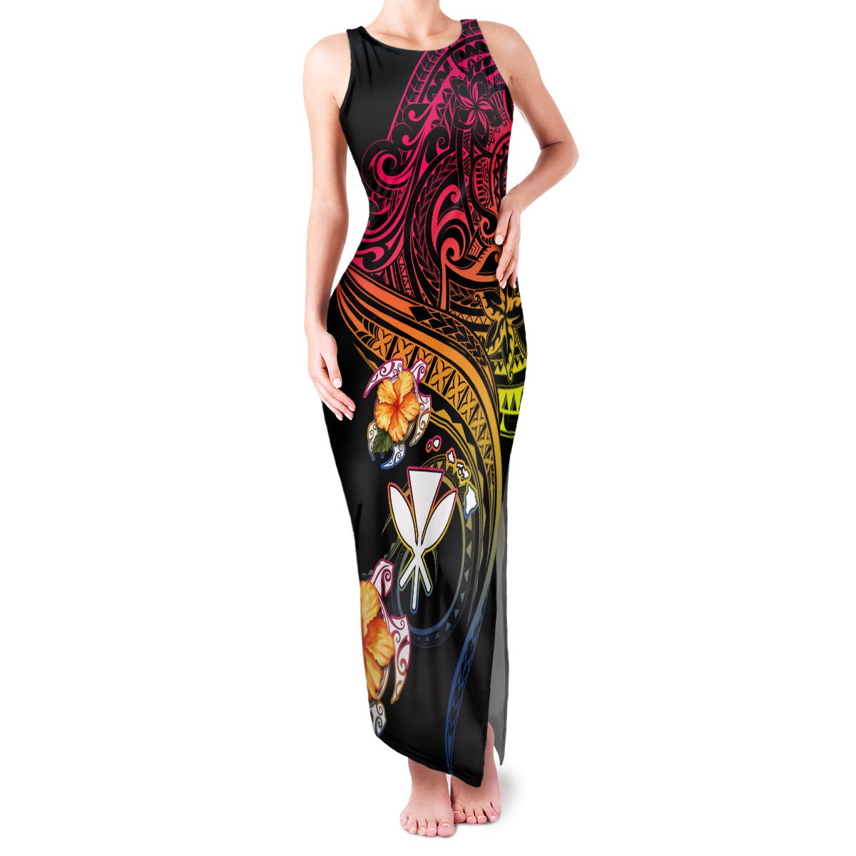 Polynesia Hawaii Turtle Day Family Matching Tank Maxi Dress and Hawaiian Shirt Hibiscus and Kanaka Maoli LT03 Mom's Dress Black - Polynesian Pride