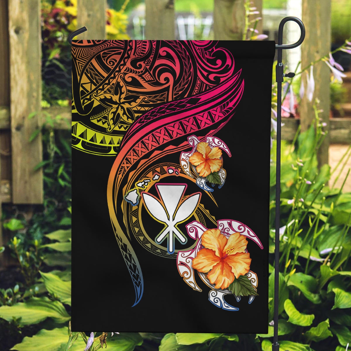 Polynesia Hawaii Turtle Day Garden Flag Hibiscus and Kanaka Maoli LT03 Garden Flag Black - Polynesian Pride