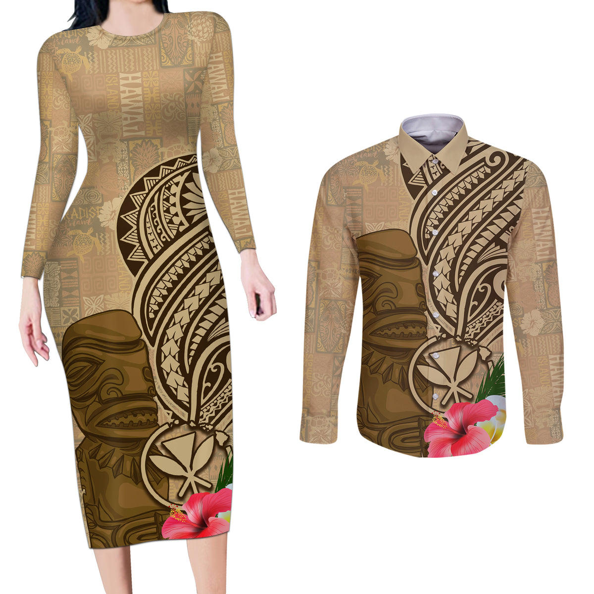 Hawaii Kanaloa Tiki Couples Matching Long Sleeve Bodycon Dress and Long Sleeve Button Shirt Polynesian Tattoo and Tapa Pattern LT03 Beige - Polynesian Pride