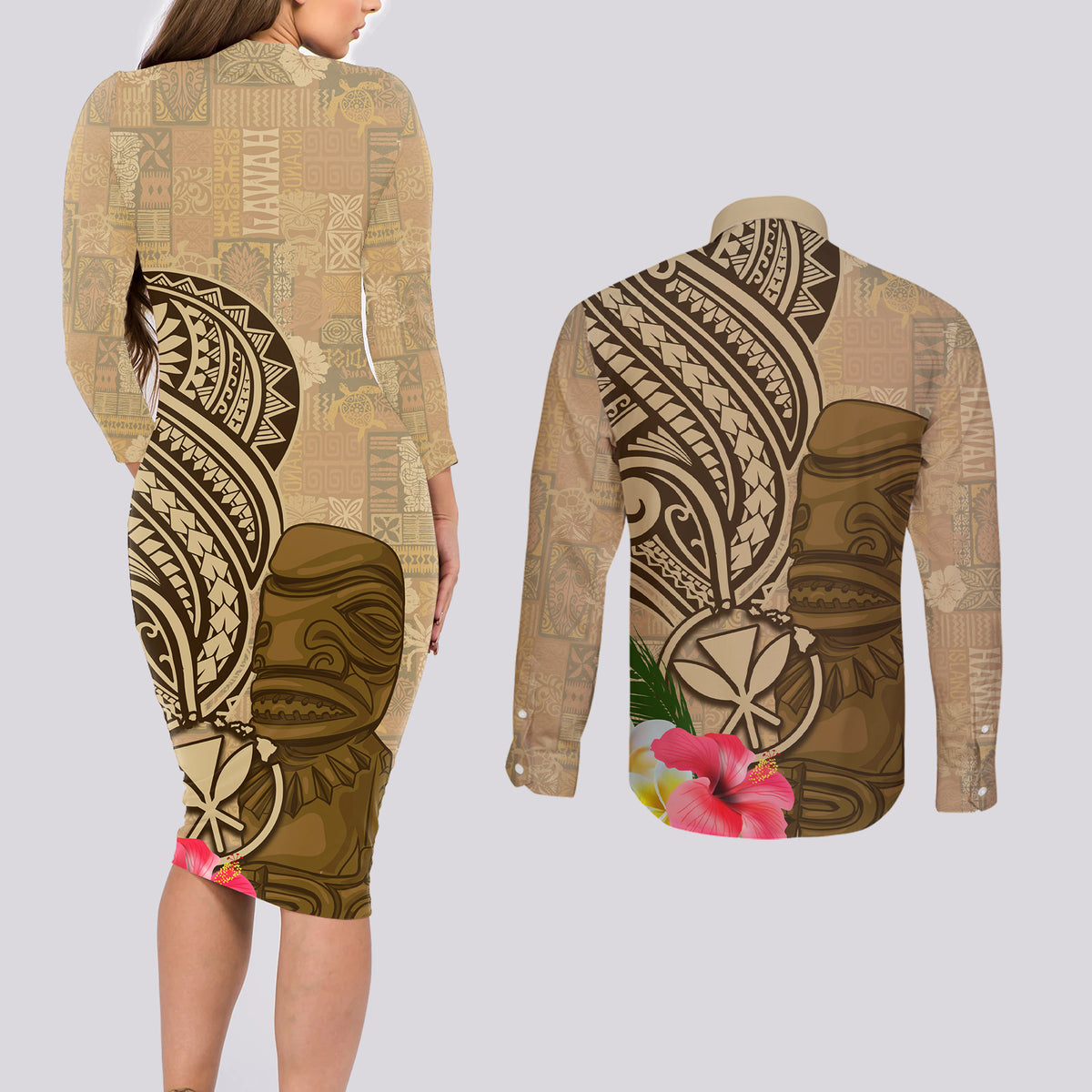 Hawaii Kanaloa Tiki Couples Matching Long Sleeve Bodycon Dress and Long Sleeve Button Shirt Polynesian Tattoo and Tapa Pattern LT03 - Polynesian Pride