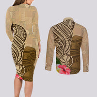 Hawaii Kanaloa Tiki Couples Matching Long Sleeve Bodycon Dress and Long Sleeve Button Shirt Polynesian Tattoo and Tapa Pattern LT03 - Polynesian Pride