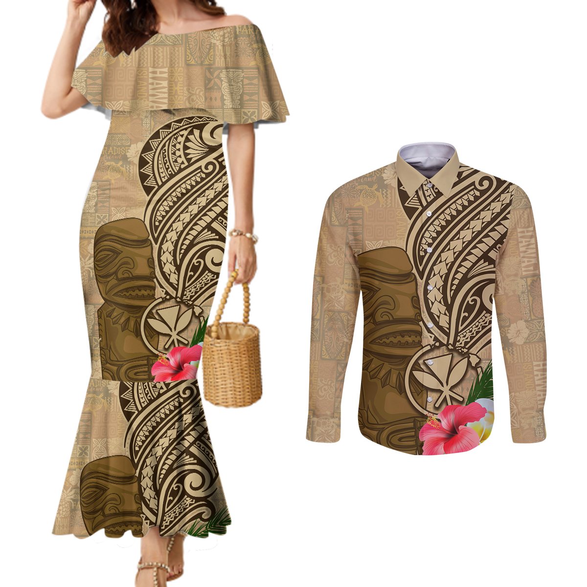 Hawaii Kanaloa Tiki Couples Matching Mermaid Dress and Long Sleeve Button Shirt Polynesian Tattoo and Tapa Pattern LT03 Beige - Polynesian Pride
